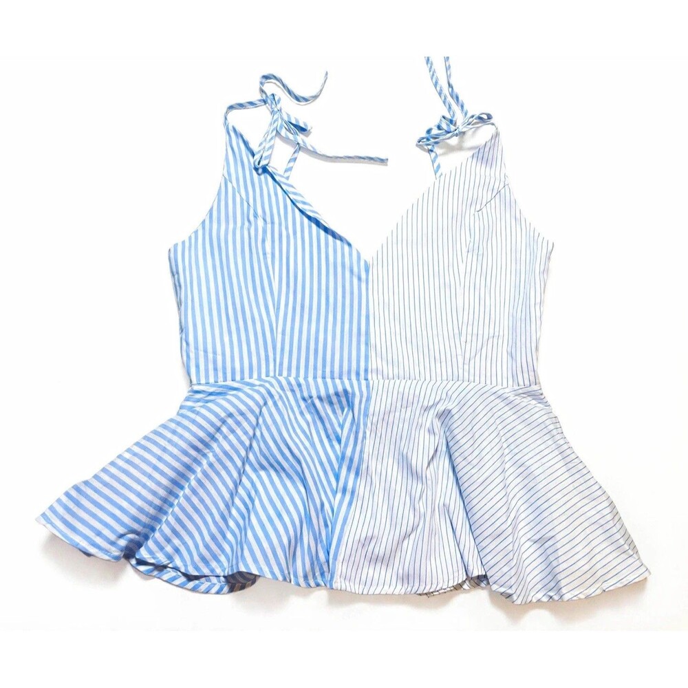Zaful Top M Blue White Stripe Tie Shoulder Peplum V Neck Side Zip Summer